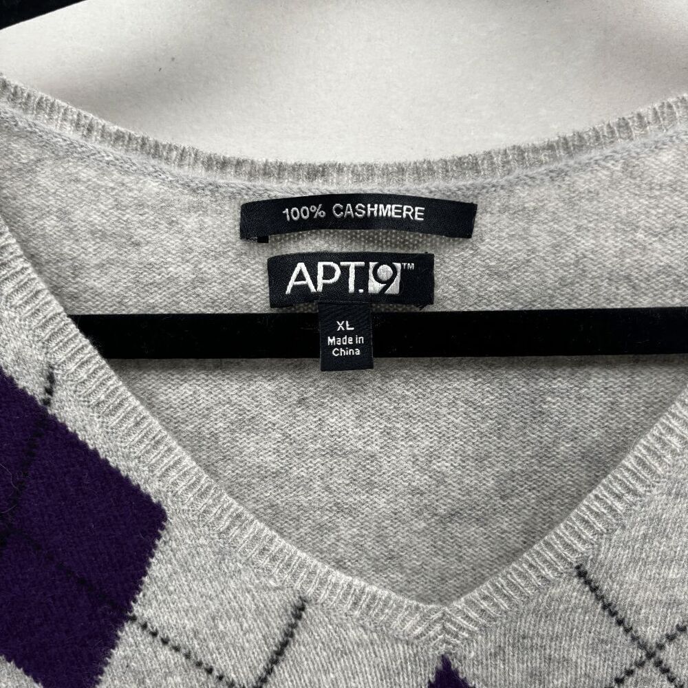 Apt 9 Argyle‎ V-Neck 100% Cashmere Sweater Size XL Purple Grey Academia Soft EUC - Picture 4 of 4